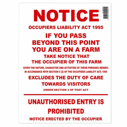 Farm Sign Notice: Occupiers Liability Act 1995
